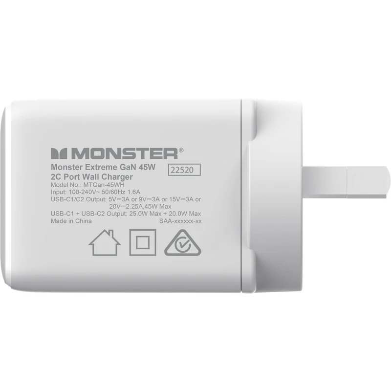 Monster 45W GaN Dual USB-C Port Wall Charger (White)