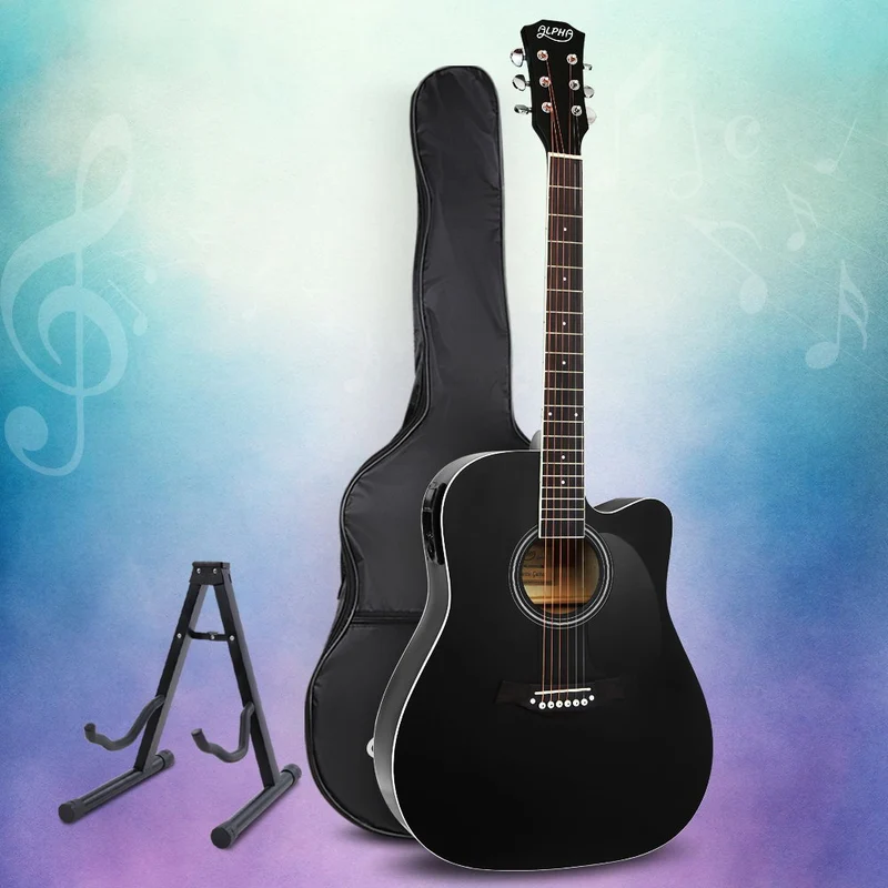 Alpha 41" Acoustic Guitar Equaliser Electric Output Cutaway with Stand Black