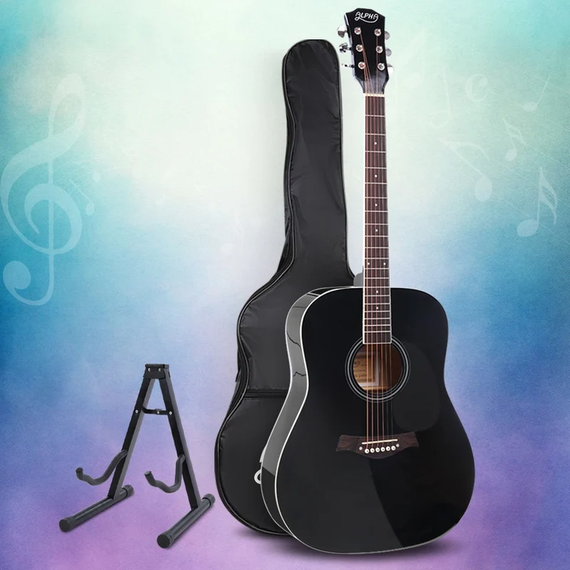 Alpha 41" Acoustic Guitar Wooden Body Steel String Dreadnought Stand Black