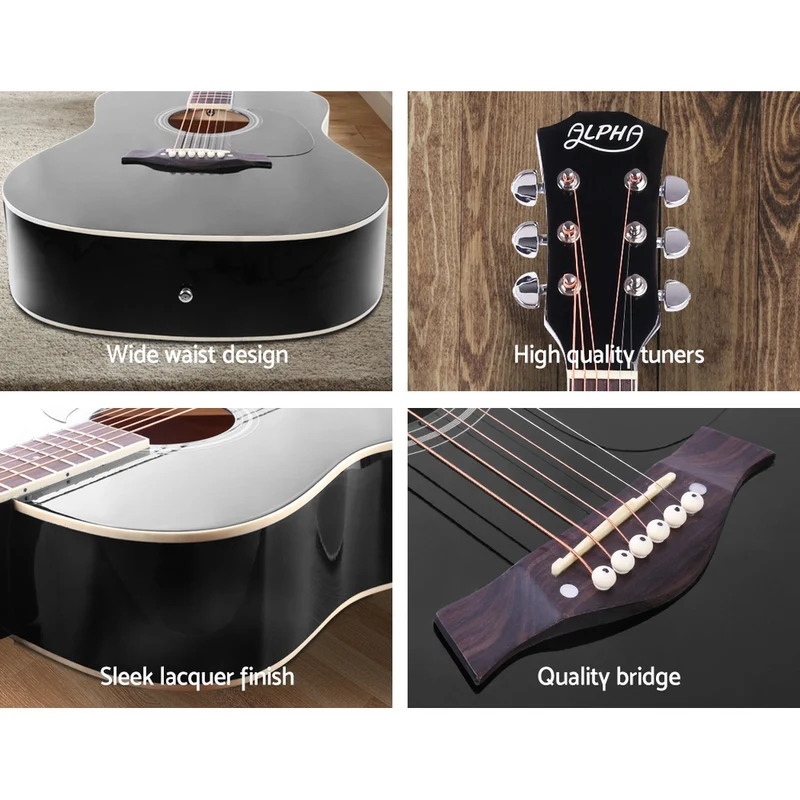 Alpha 41" Acoustic Guitar Wooden Body Steel String Dreadnought Stand Black