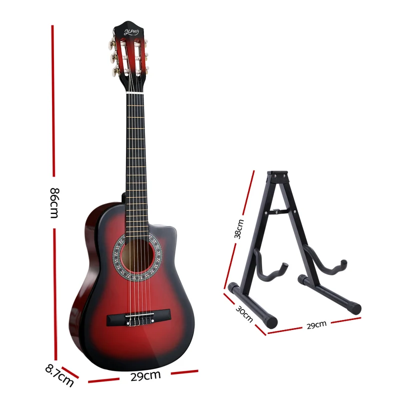 Alpha 34" Classical Guitar Wooden Body Nylon String with Stand Beginner Red