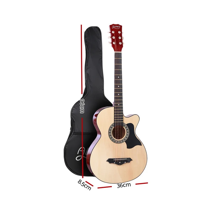 Alpha 38" Acoustic Guitar Wooden Body Steel String Full Size with Stand Wood