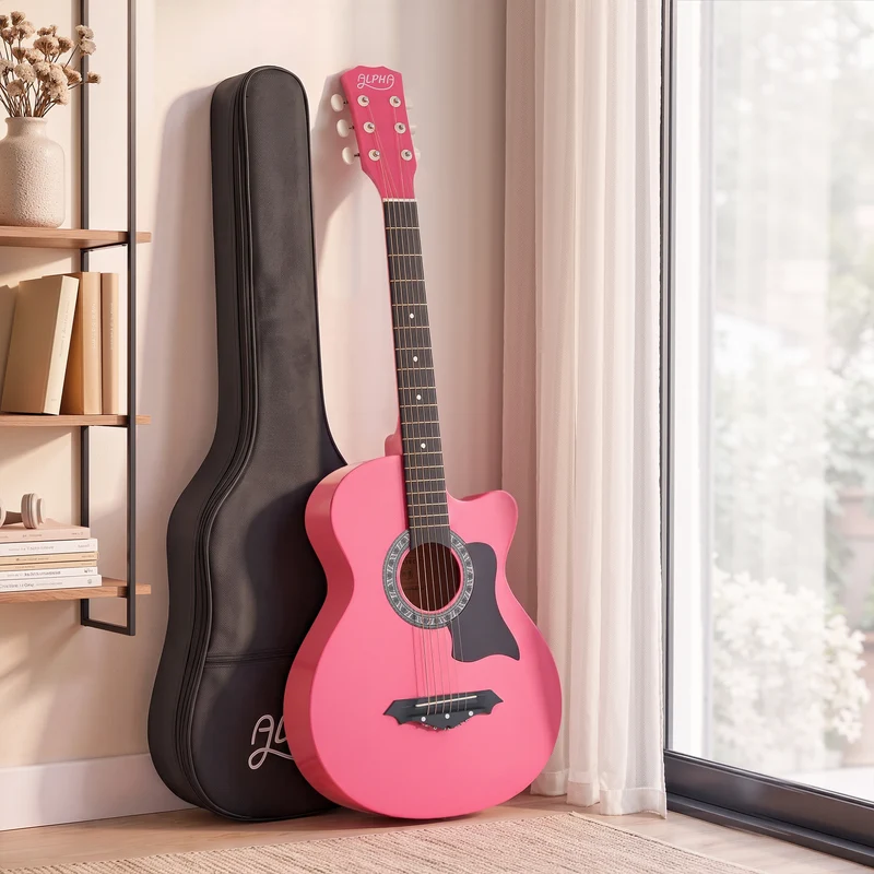 Alpha 38" Acoustic Guitar Folk Cutaway Steel String Pink With Carry Bag