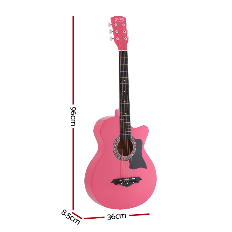 Alpha 38" Acoustic Guitar Folk Cutaway Steel String Pink With Carry Bag