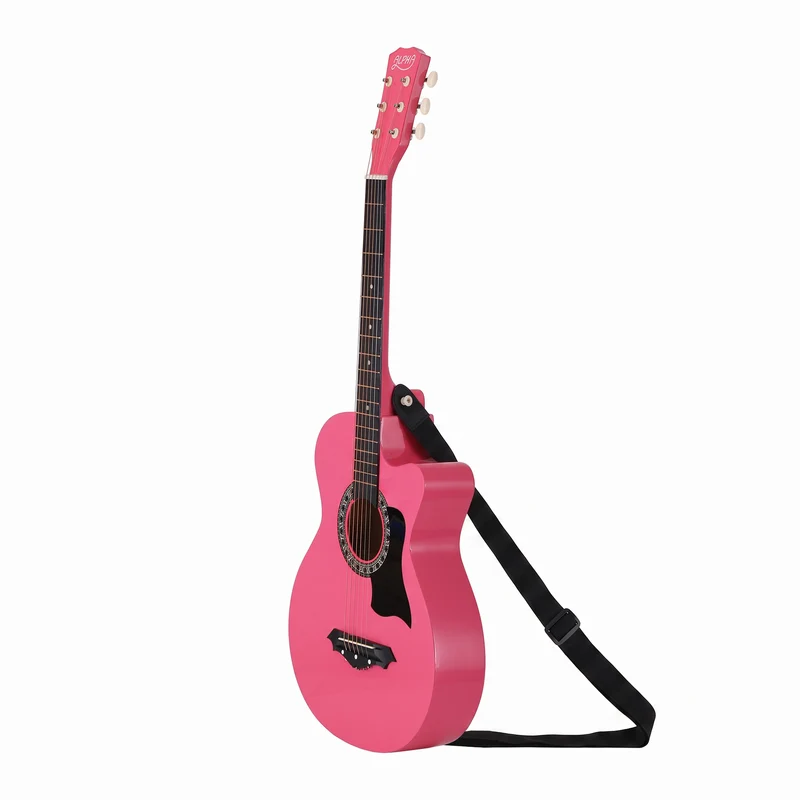 Alpha 38" Acoustic Guitar Folk Cutaway Steel String Pink With Carry Bag