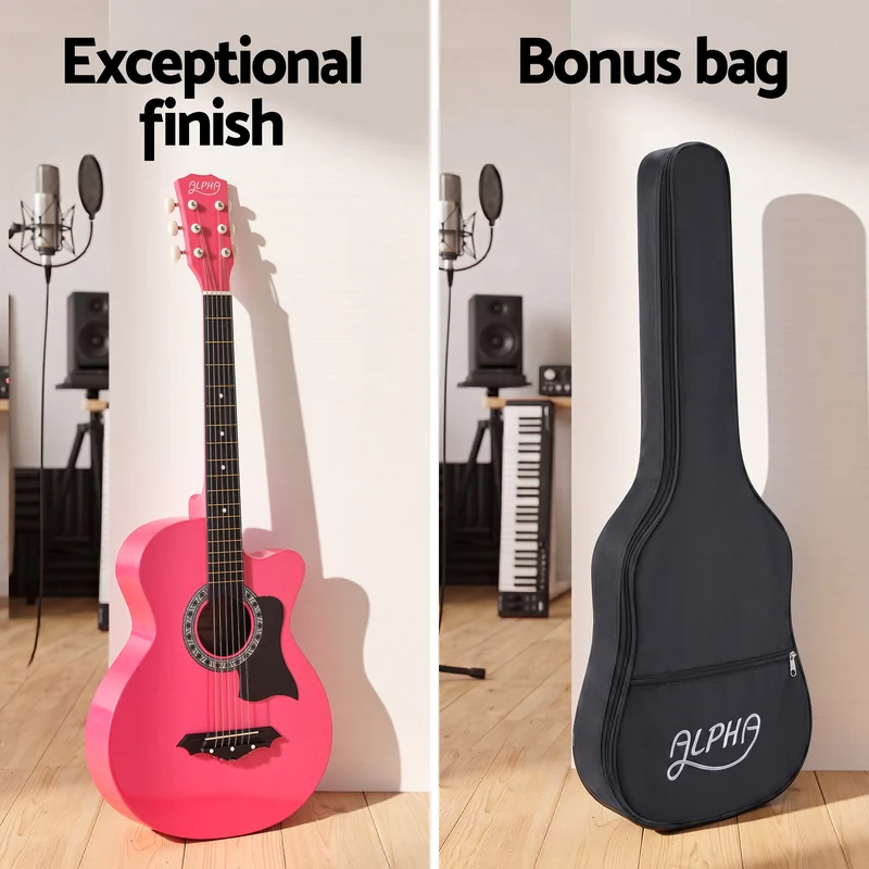 Alpha 38" Acoustic Guitar Folk Cutaway Steel String Pink With Carry Bag