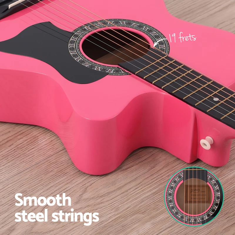 Alpha 38" Acoustic Guitar Folk Cutaway Steel String Pink With Carry Bag
