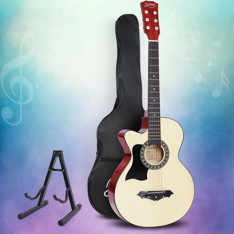 Alpha 38" Acoustic Guitar Wooden Body Steel String with Stand Left Handed
