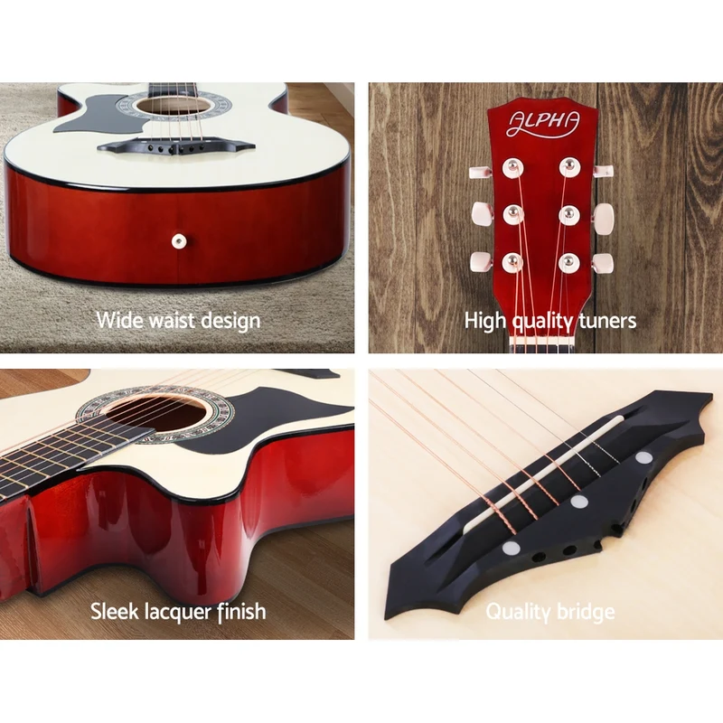 Alpha 38" Acoustic Guitar Wooden Body Steel String with Stand Left Handed