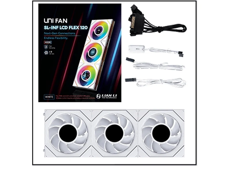 Lian Li Uni Fan SL Infinity 1.8in LCD Flex 2.4GHz Wireless 120mm ARGB Fan 3 Pack - White (12SLIND1F3W)