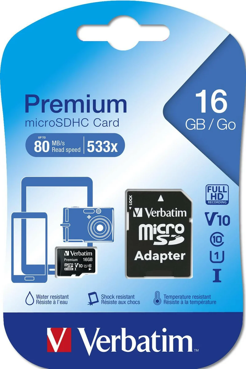 Verbatim Premium 16GB MicroSDHC Class 10 + Adapter - Black