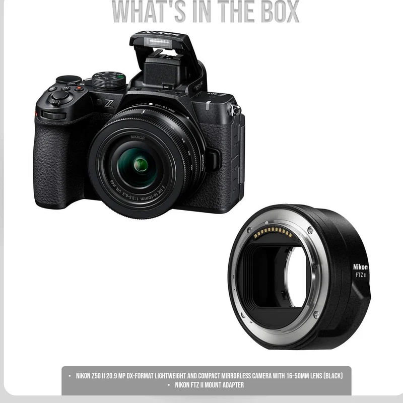 Nikon Z50 II 20.9 MP DX-Format Lightweight and Compact Mirrorless Camera with 16-50mm Lens Bundle with Nikon FTZ II Mount Adapter (2 Items)