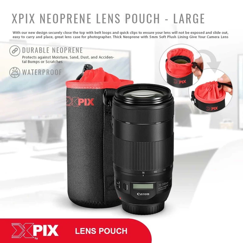 XPIX Large Neoprene Pouch Bag for DSLR Camera Lens (Canon, Nikon, Fujifilm, Sony, Olympus, Panasonic, and More)
