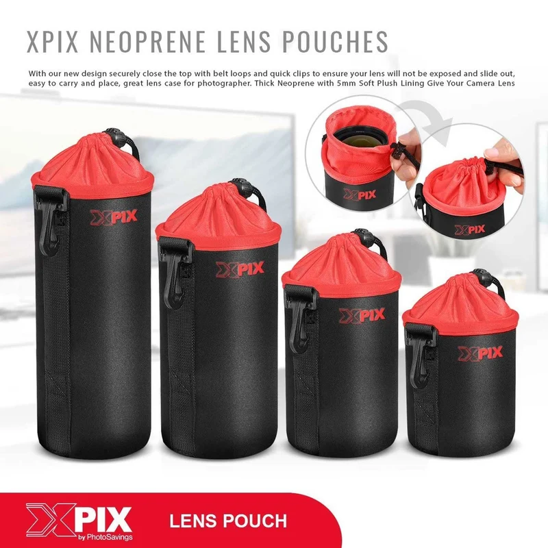 XPIX Large Neoprene Pouch Bag for DSLR Camera Lens (Canon, Nikon, Fujifilm, Sony, Olympus, Panasonic, and More)