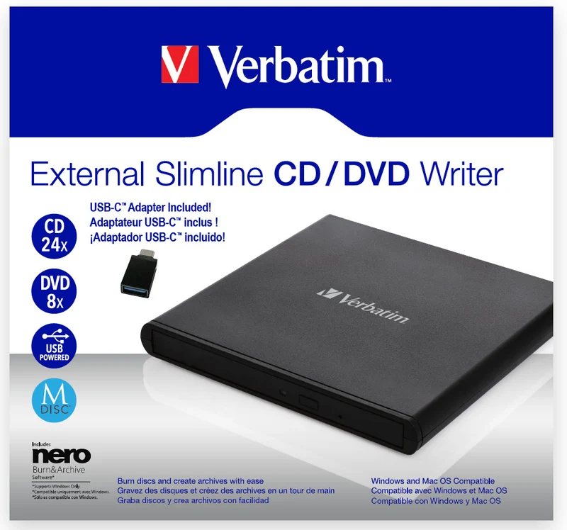 Verbatim Slimline DVD-RW Drive USB 2.0 Black incl. Adapter