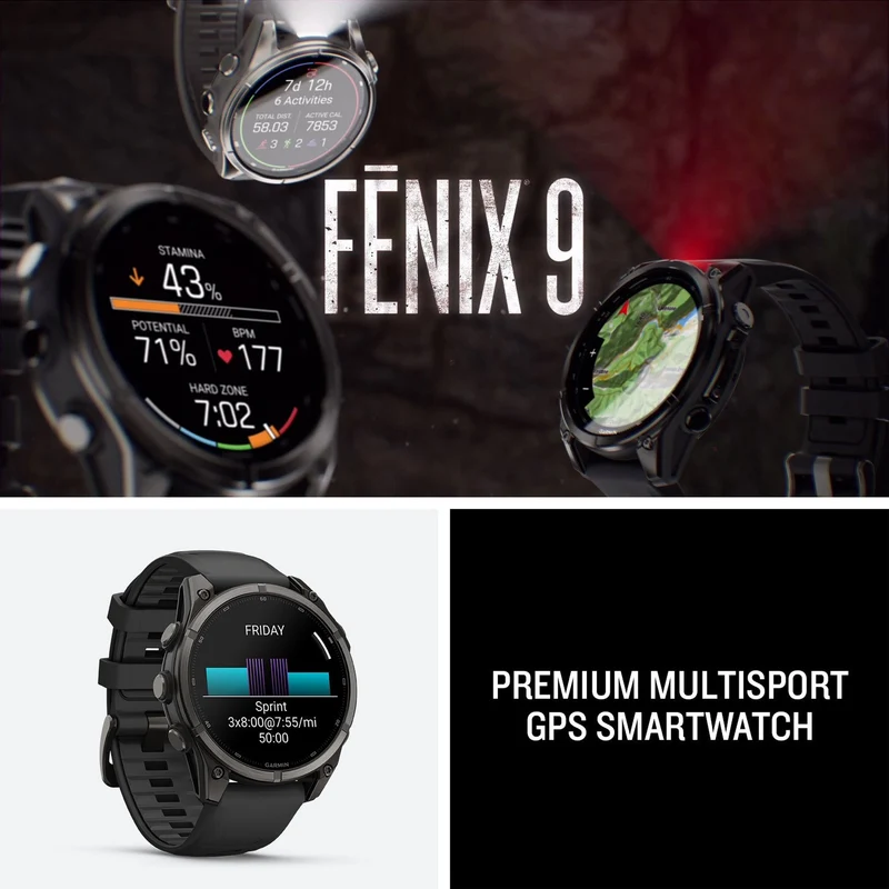 Garmin Fenix 9 47mm Carbon Gray DLC Titanium GPS Smartwatch Bundle