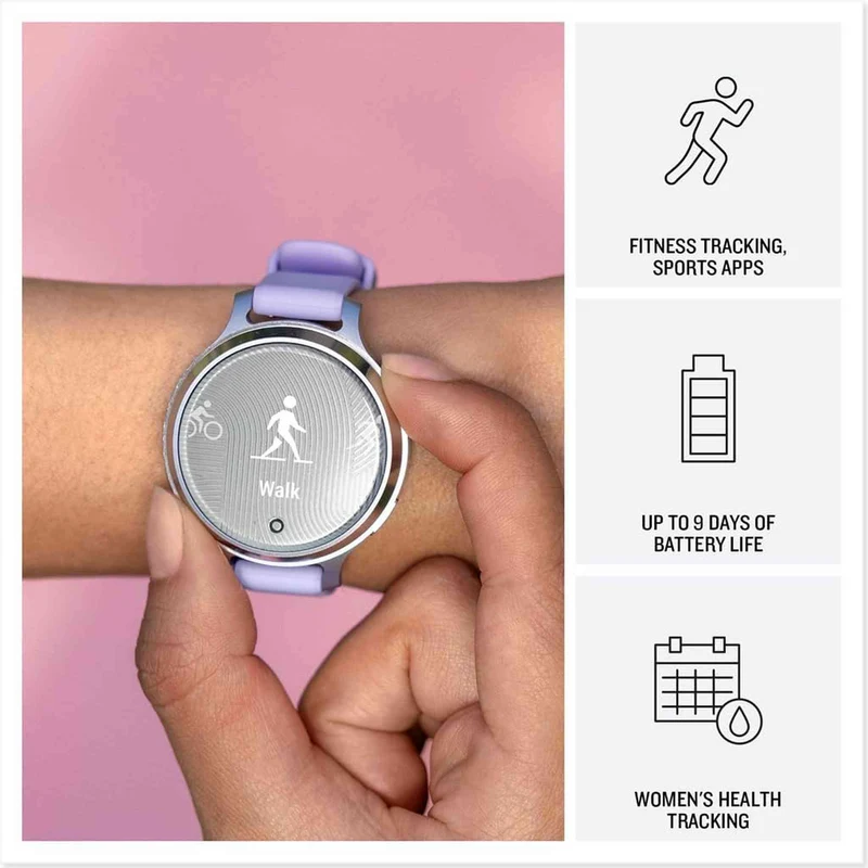 Garmin Lily® 2 Active, Small and Stylish Smartwatch, Built-in GPS, Hidden Display, Patterned Lens, Up to 9 Days Battery Life, Silver with Purple Jasmine Silicone Band