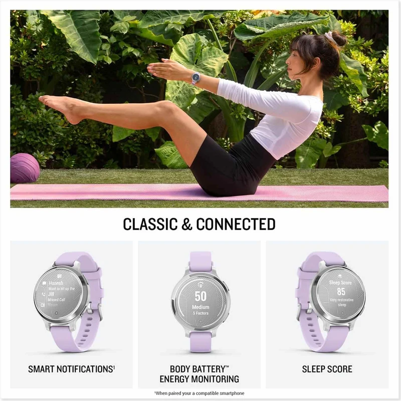 Garmin Lily® 2 Active, Small and Stylish Smartwatch, Built-in GPS, Hidden Display, Patterned Lens, Up to 9 Days Battery Life, Silver with Purple Jasmine Silicone Band