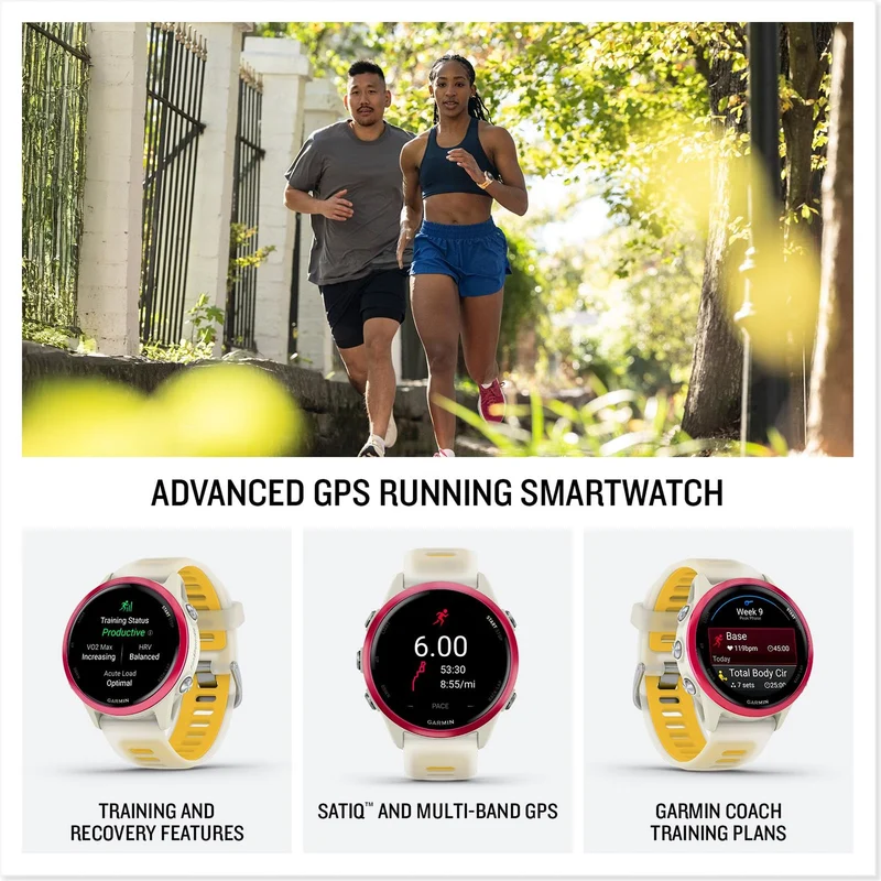 Garmin® Forerunner® 570, 42mm, Advanced GPS Running and Triathlon Smartwatch, AMOLED Display, Training and Recovery Features, Raspberry Aluminum with Translucent Bone/Mango Band