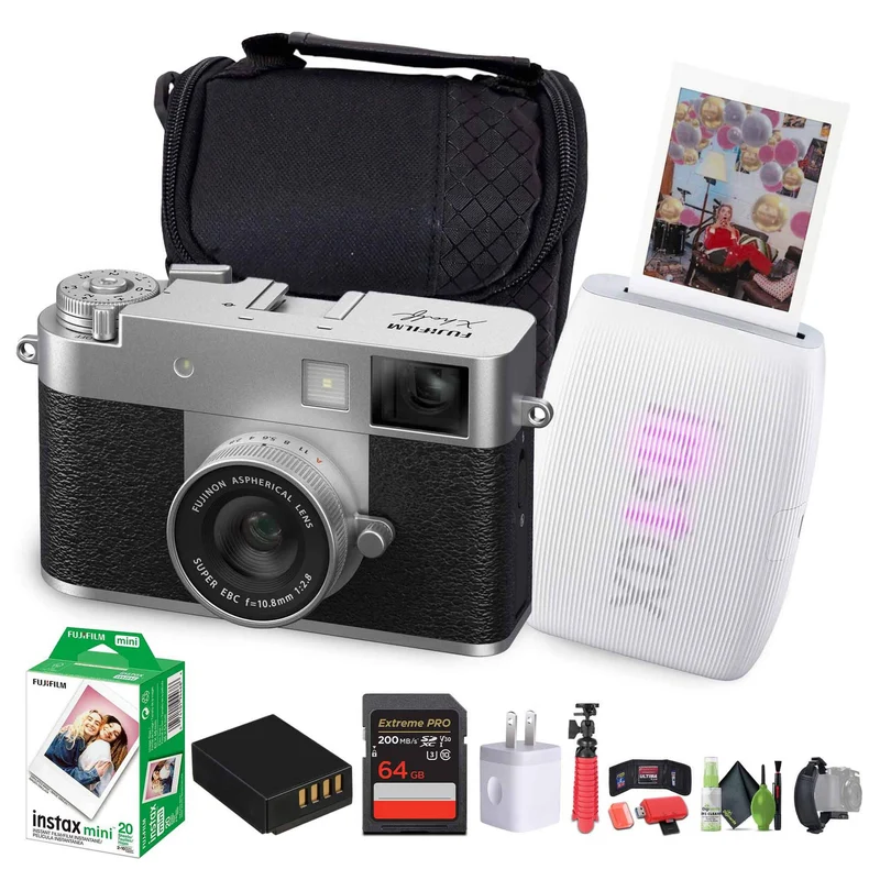 FUJIFILM X Digital Camera (Silver), MINI LINK 3 Smartphone Printer(Clay White)