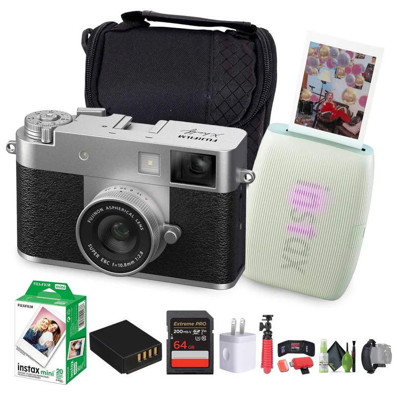 FUJIFILM X Digital Camera (Silver), MINI LINK 3 Smartphone Printer(Sage Green)