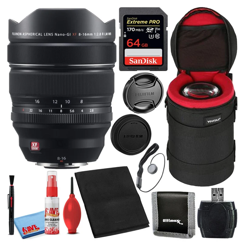 Fujifilm XF 8-16mm f/2.8 R LM WR Ultra-Wide Zoom Lens + 64GB SD Card Bundle