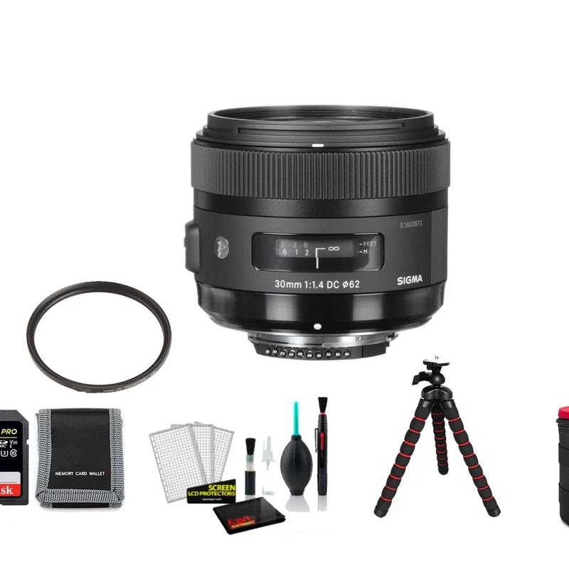 Sigma 30mm f/1.4 DC HSM Art Lens for Nikon F with 64GB Memory Card and UV Filter