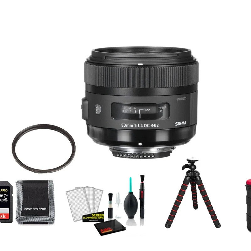 Sigma 30mm f/1.4 DC HSM Art Lens for Nikon F with 64GB Memory Card and UV Filter