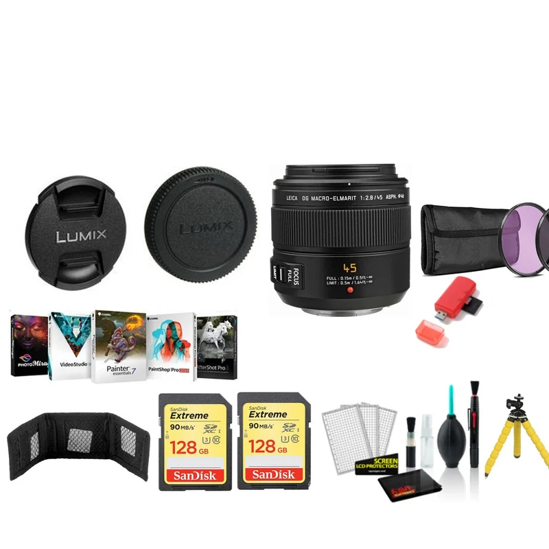 Panasonic Leica DG Macro-Elmarit 45mm f/2.8 ASPH. MEGA O.I.S. Lens with 2x 128GB Memory Cards