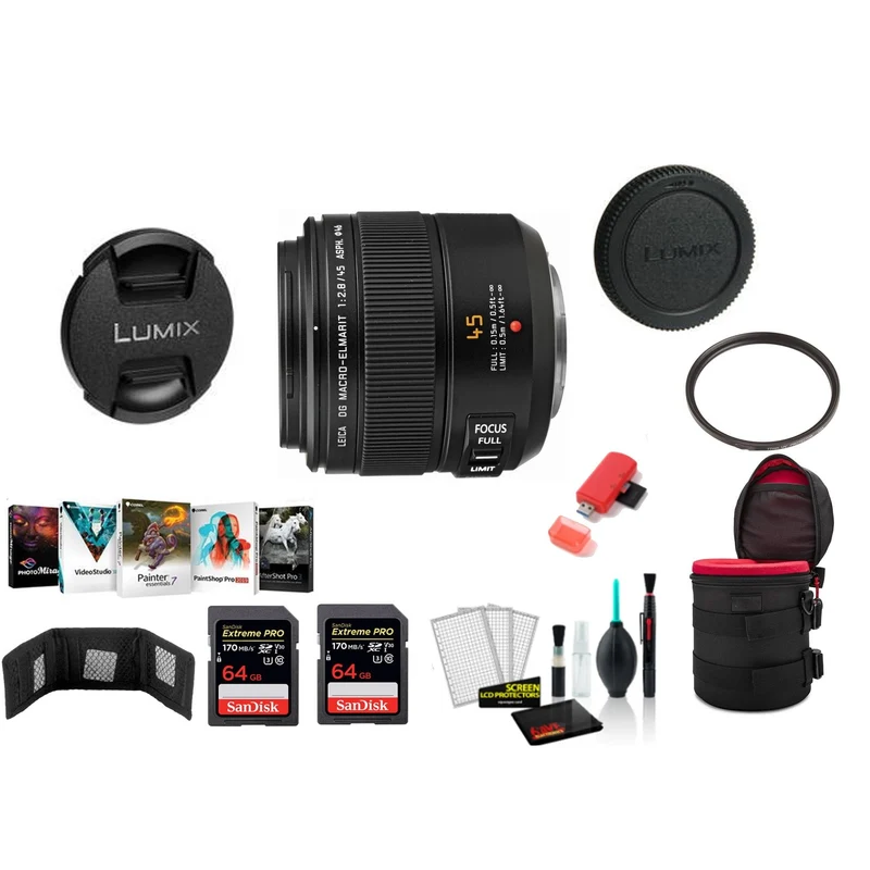 Panasonic Leica DG Macro-Elmarit 45mm f/2.8 ASPH. MEGA O.I.S. Lens with 2x 64 Memory Cards