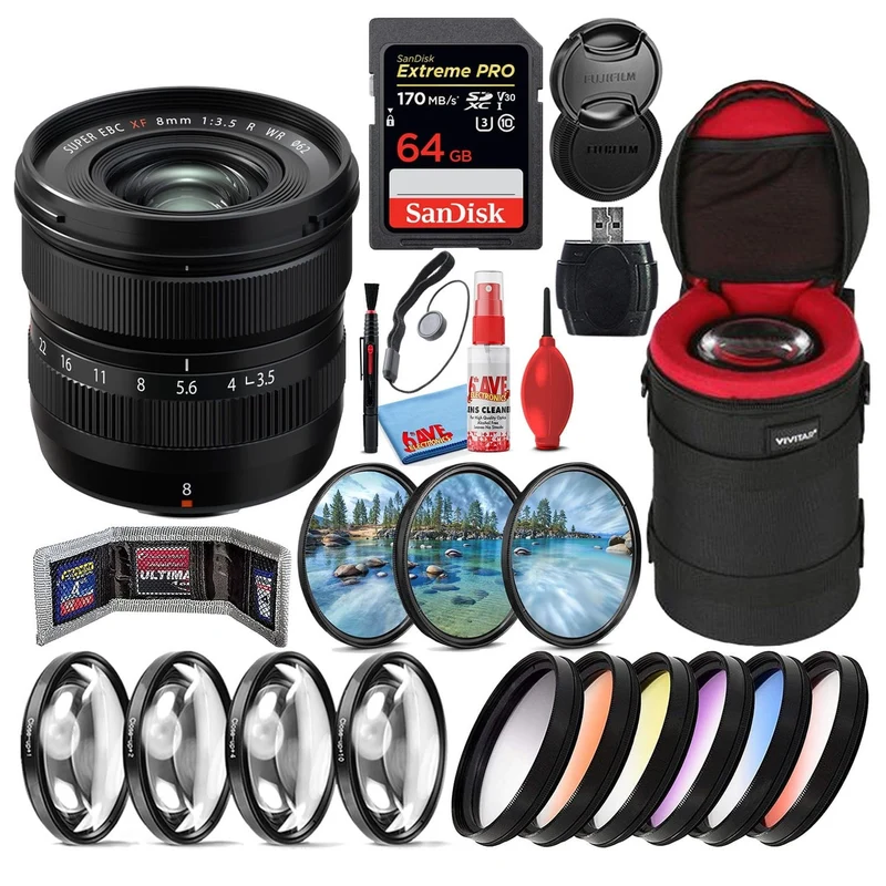 Fujifilm XF 8mm f/3.5 R WR Ultra-Wide Angle Lens + 64GB SD Card Bundle