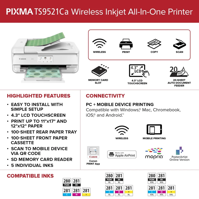 Canon PIXMA TS9521Ca - Wireless Home All-in-One Inkjet Printer
