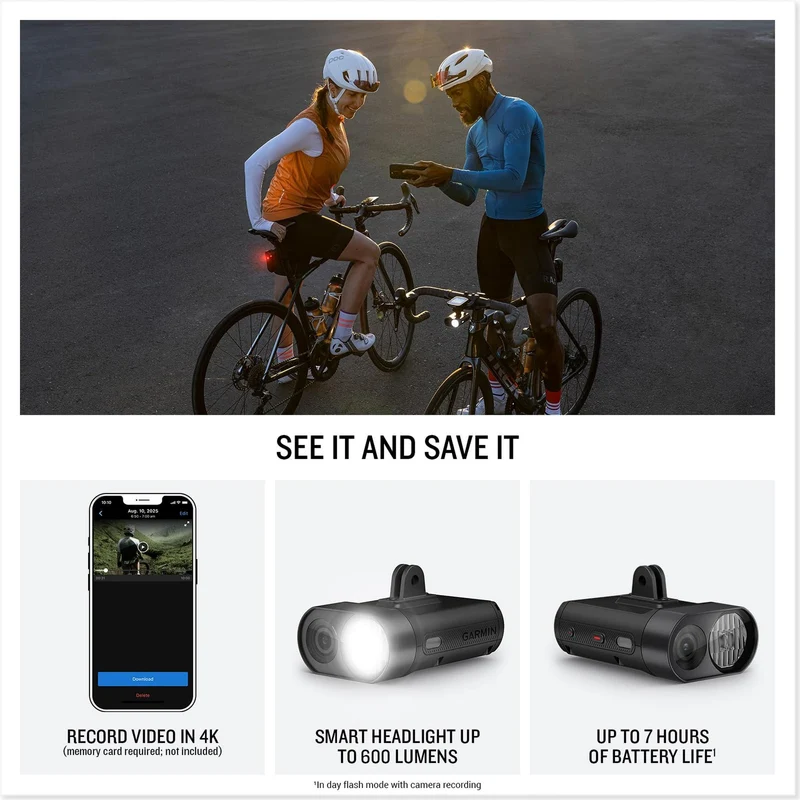 Garmin Varia™ Vue, Cycling Headlight and 4k Camera, Light Intensity up to 600 Lumens, Crystal-Clear Video Recording, Incident Detection While Cycling