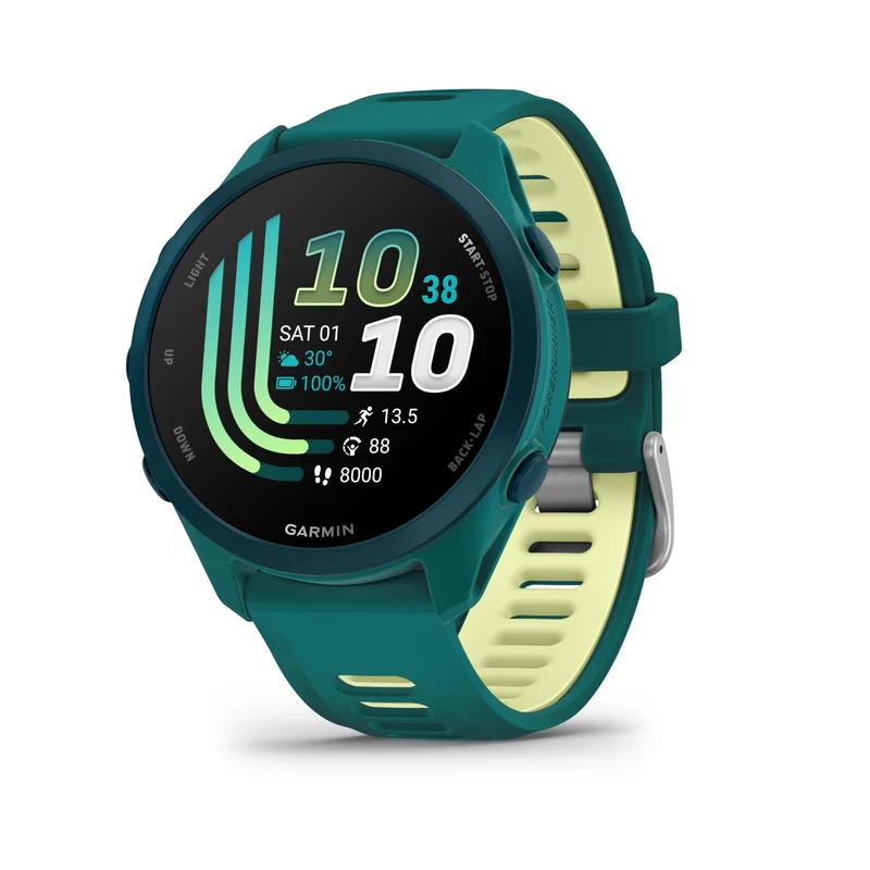 Garmin Forerunner® 170 Music, GPS Running Smartwatch, Advanced Training Metrics and Recovery Insights Plus Music Storage, Teal Green with Teal Green/Citron Band
