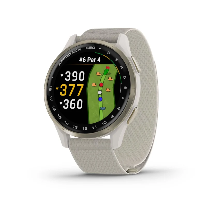 Garmin Approach® S50, Advanced Golf GPS Smartwatch, AMOLED Display, On-Course Features, Wrist-Based Heart Rate, Cream Gold Aluminum Bezel with Ivory ComfortFit Nylon Band