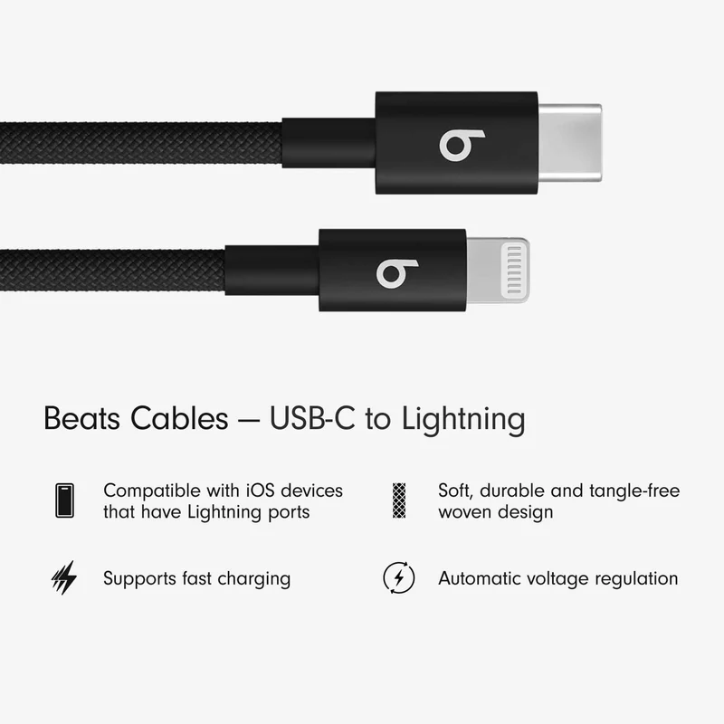 Beats USB-C to Lightning Woven Cable Fast Charging Durable/Tangle-Free Compatible Charger for Apple Devices w Lightning Ports (1.5 m, 5 ft) - Bolt Black