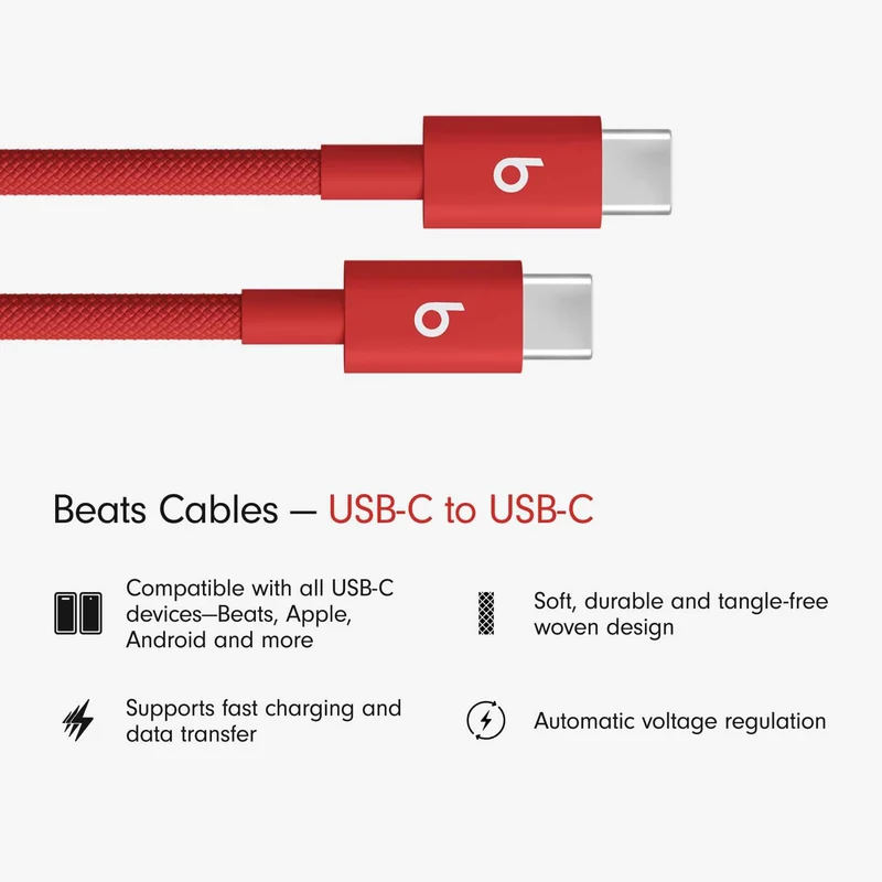 Beats USB-C to USB-C Woven Cable Fast Charging Durable/Tangle-Free Compatible Charger for Apple & Android Devices (1.5 m, 5 ft) - Rapid Red