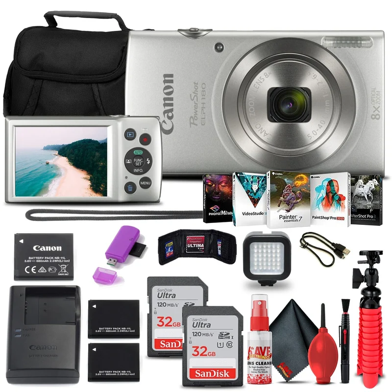 Canon PowerShot ELPH 180 Digital Camera (Silver) + 2 x 32GB Cards + More Bundle