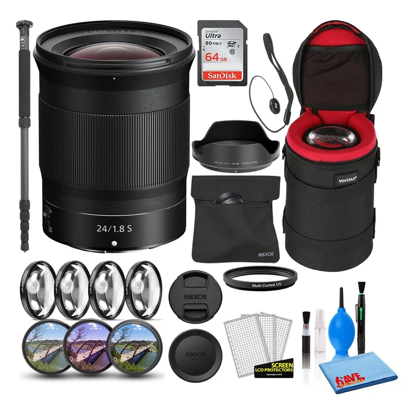 Nikon NIKKOR Z 24mm f/1.8 S Prime Lens (20080) Intl Model Bundle + 64GB SD Card