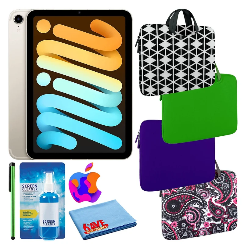 Apple iPad Mini 6 (64GB, Cellular, Starlight) Bundle with Zipper Sleeve