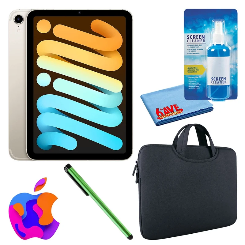 Apple iPad Mini 6 (64GB, Cellular, Starlight) Bundle with Zipper Sleeve