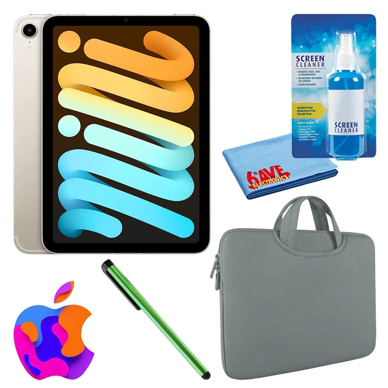Apple iPad Mini 6 (64GB, Cellular, Starlight) Bundle with Zipper Sleeve