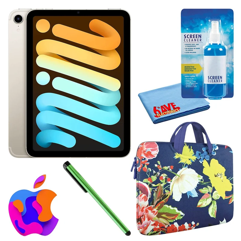 Apple iPad Mini 6 (64GB, Cellular, Starlight) Bundle with Zipper Sleeve