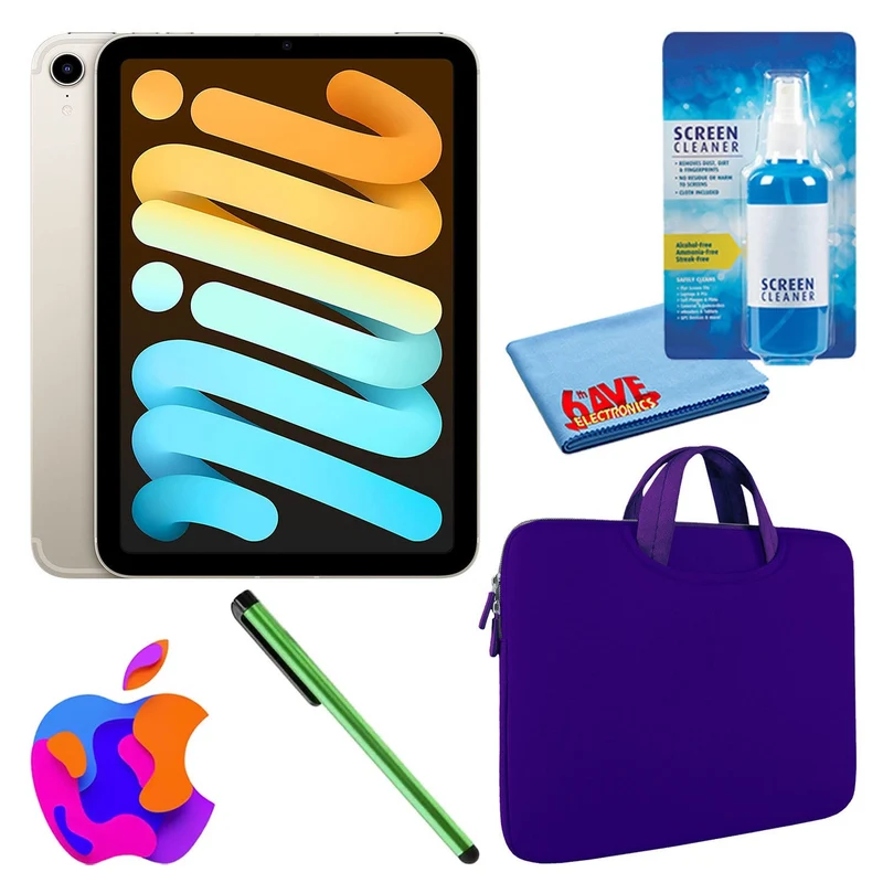 Apple iPad Mini 6 (64GB, Cellular, Starlight) Bundle with Zipper Sleeve