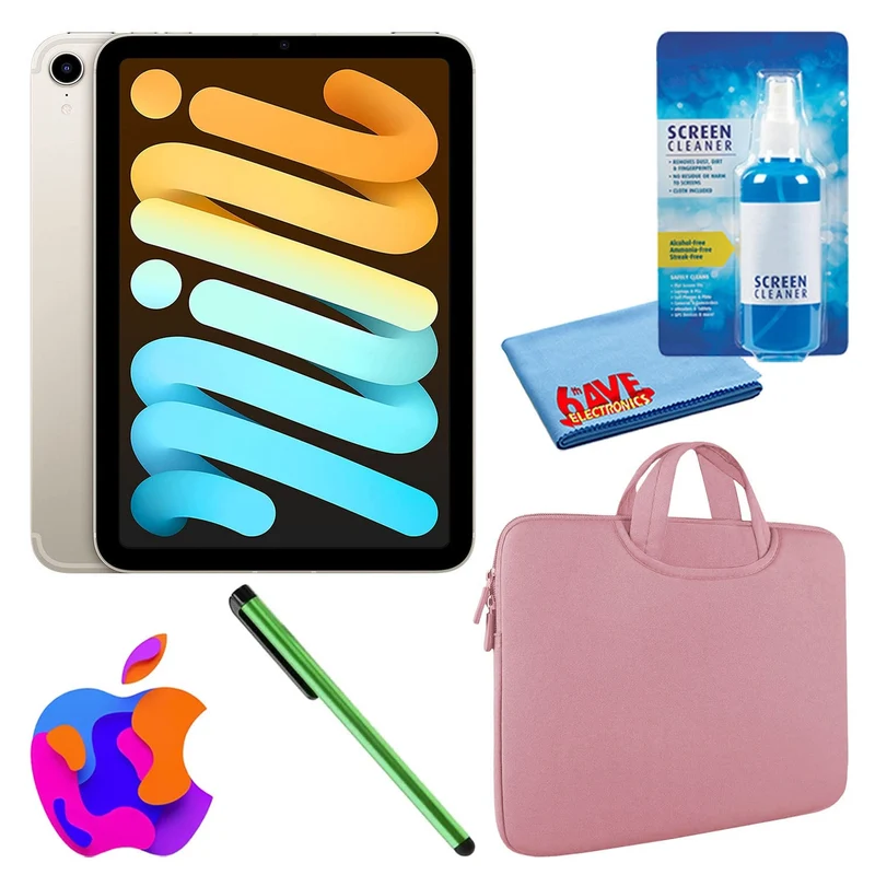 Apple iPad Mini 6 (64GB, Cellular, Starlight) Bundle with Zipper Sleeve