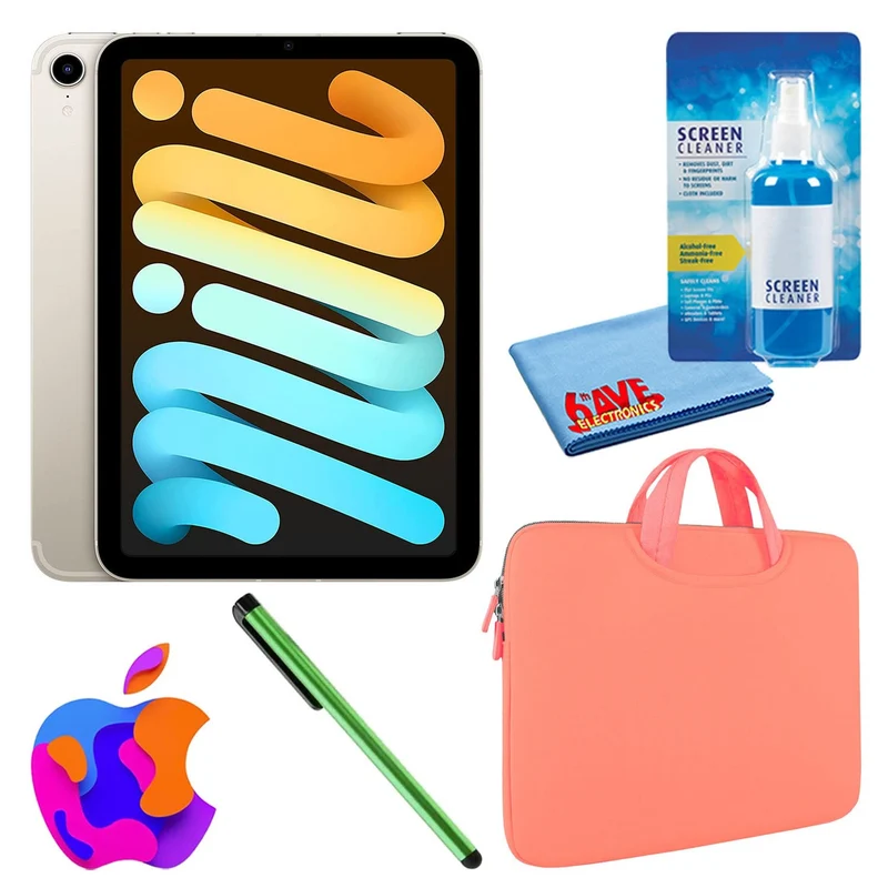 Apple iPad Mini 6 (64GB, Cellular, Starlight) Bundle with Zipper Sleeve