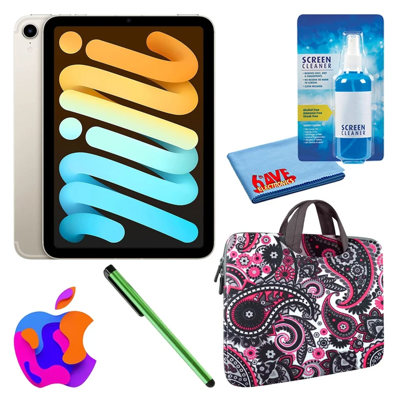Apple iPad Mini 6 (64GB, Cellular, Starlight) Bundle with Zipper Sleeve