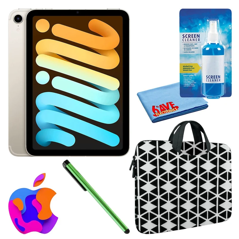 Apple iPad Mini 6 (64GB, Cellular, Starlight) Bundle with Zipper Sleeve