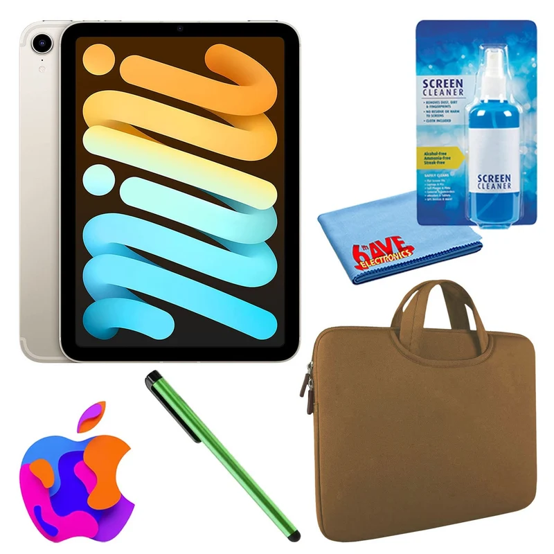 Apple iPad Mini 6 (64GB, Cellular, Starlight) Bundle with Zipper Sleeve