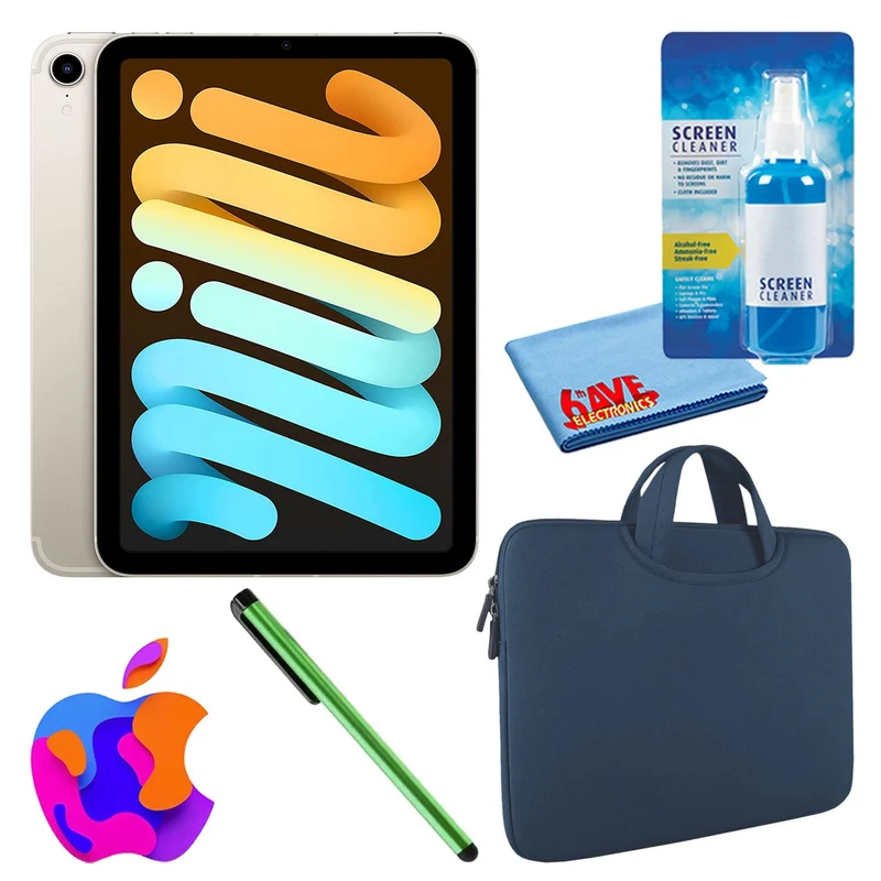 Apple iPad Mini 6 (64GB, Cellular, Starlight) Bundle with Zipper Sleeve